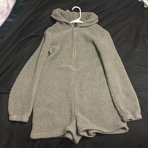 Grey fuzzy romper with hoodie